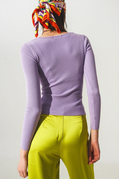 Purple ribbed v neck sweater