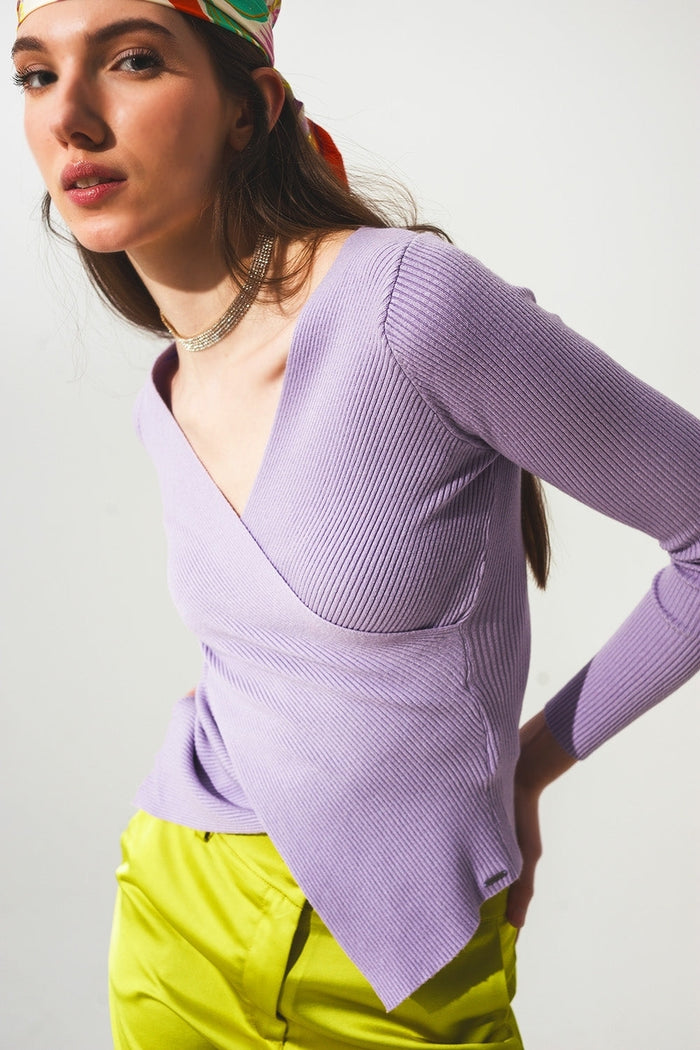 Purple ribbed v neck sweater