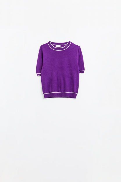Purple short sleeve sweater with white line detail