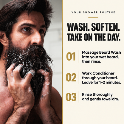 Bearded man lathering Radiance Beard Wash in the shower, headline Wash Soften Take On the Day, three steps: massage wash into wet beard, work conditioner through and leave one to two minutes, rinse and towel dry