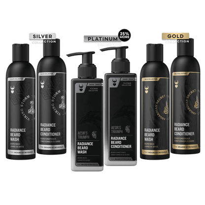Radiance Beard Wash and Conditioner bundle in Silver, Platinum and Gold Collection: Viking Storm, Aesir's Triumph and Asgardian Secret bottles. The Beard Struggle
