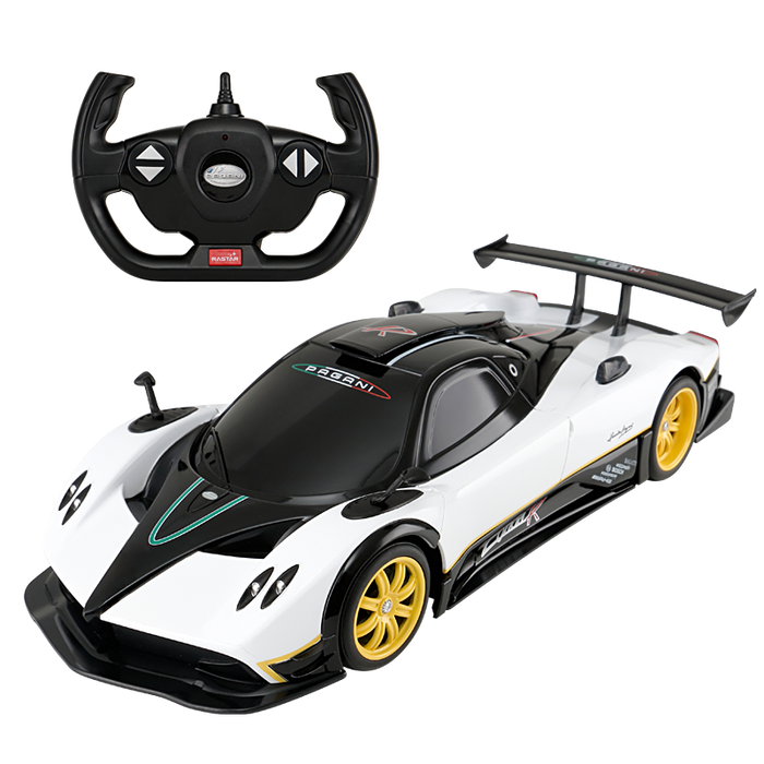 Rastar 1:14 Pagani Zonda R RC car in white and black racing livery with yellow alloy wheels, shown from a front three-quarter angle alongside its steering-wheel-style remote controller; the car features the distinctive Zonda R aerodynamic body with large rear wing.