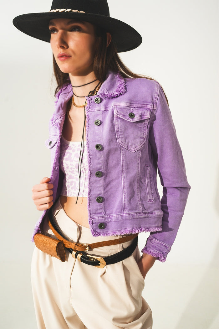 Raw edge denim jacket in purple