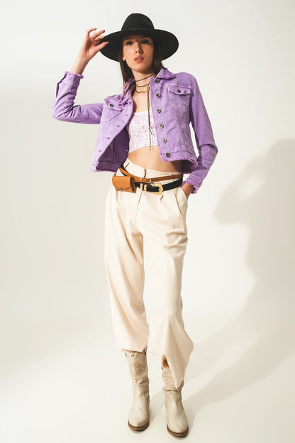 Raw edge denim jacket in purple