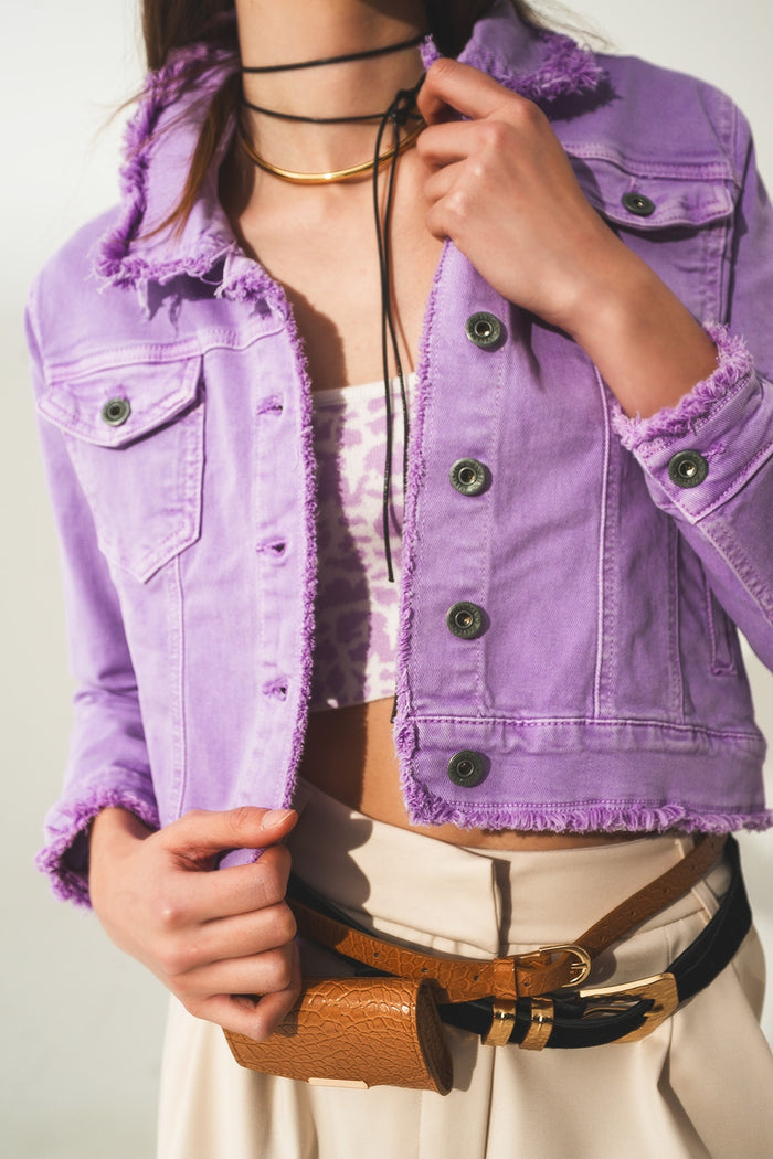 Raw edge denim jacket in purple