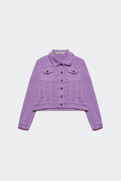 Raw edge denim jacket in purple