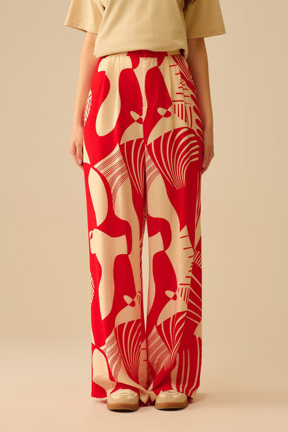 Red abstract print wide-leg trousers - trousers