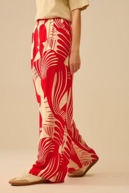 Red abstract print wide-leg trousers - trousers