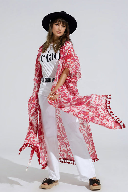 Red Long Kimono With Drawstring Closing in Tribal Print - kimono jacket