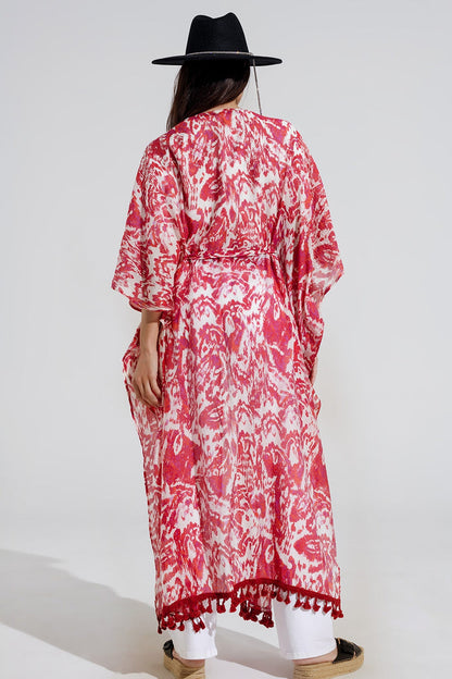 Red Long Kimono With Drawstring Closing in Tribal Print - kimono jacket