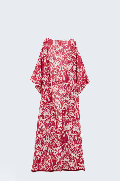 Red Long Kimono With Drawstring Closing in Tribal Print - kimono jacket