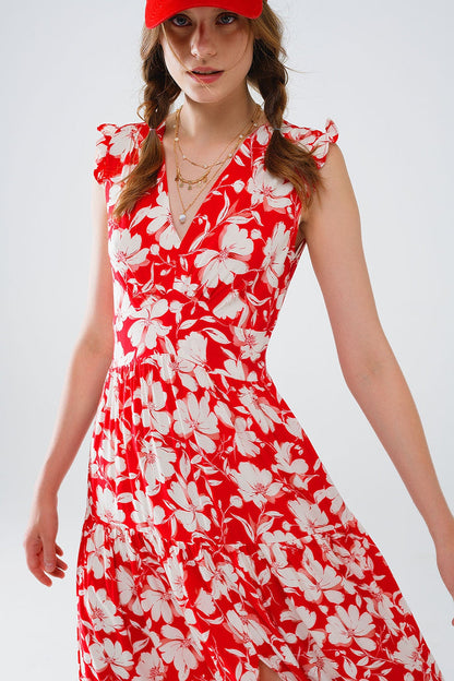 Red maxi dress with floral print and V-neck - dress