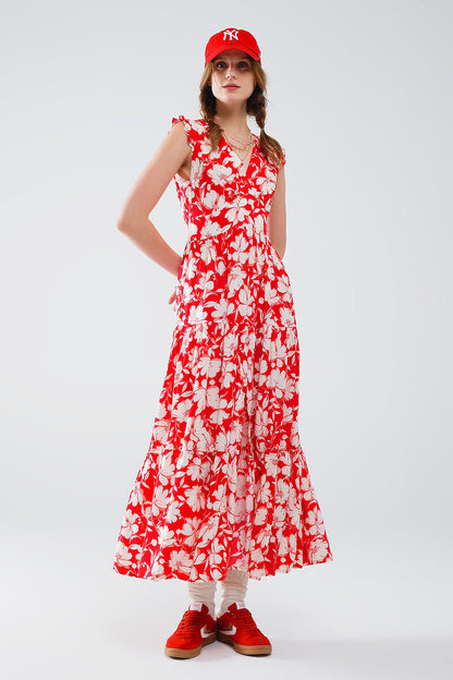 Red maxi dress with floral print and V-neck - dress