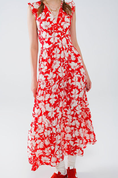 Red maxi dress with floral print and V-neck - dress