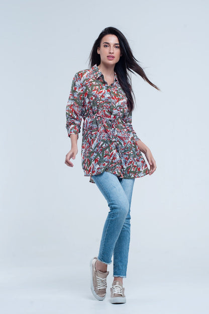 Red shirt with leaf and flower print - Shirts