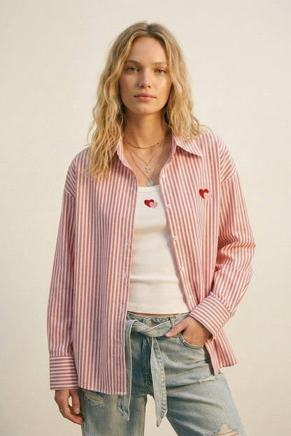 Red Stripe Cotton Embroidered Heart Set t-shirt and shirt 2 pieces - Shirts