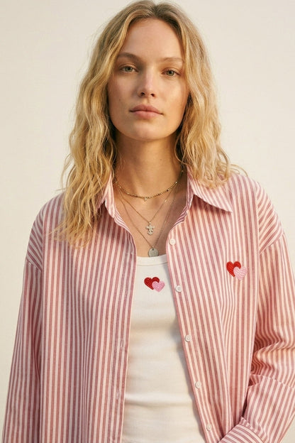 Red Stripe Cotton Embroidered Heart Set t-shirt and shirt 2 pieces - Shirts