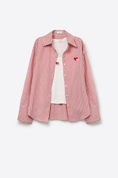 Red Stripe Cotton Embroidered Heart Set t-shirt and shirt 2 pieces - Shirts