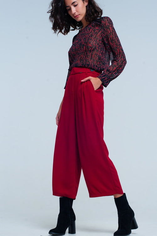 Red wide leg culottes with belt detail - trousers