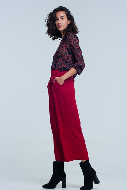 Red wide leg culottes with belt detail - trousers