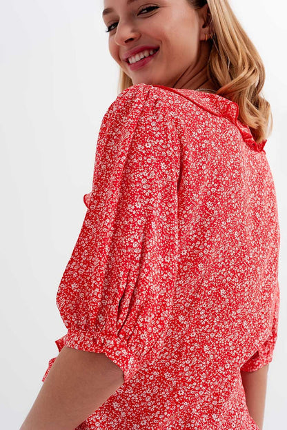 Red wrap top in clustered flower print - Shirts