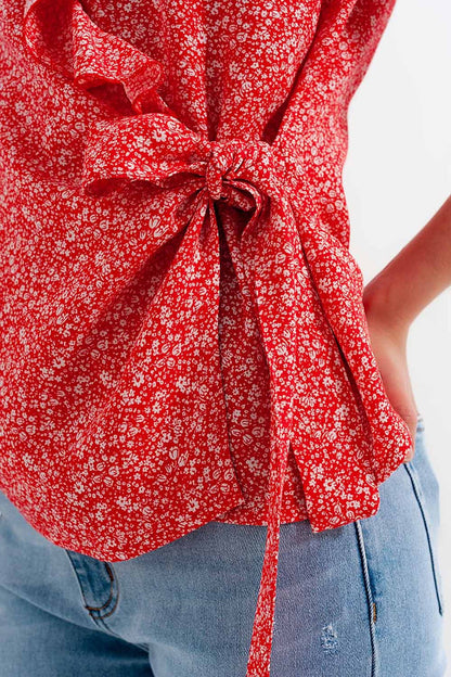 Red wrap top in clustered flower print - Shirts