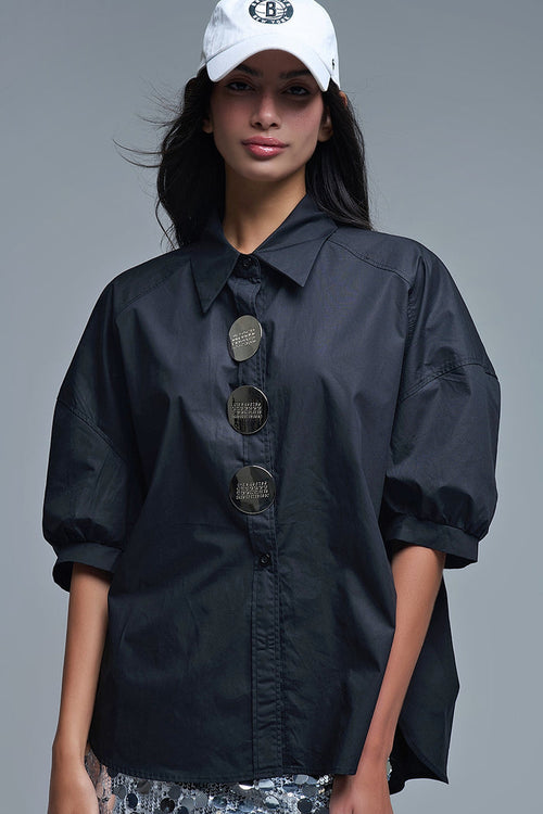 Relaxed 3/4 Sleeve Poplin Shirt With Button Detail in Black - Shirts