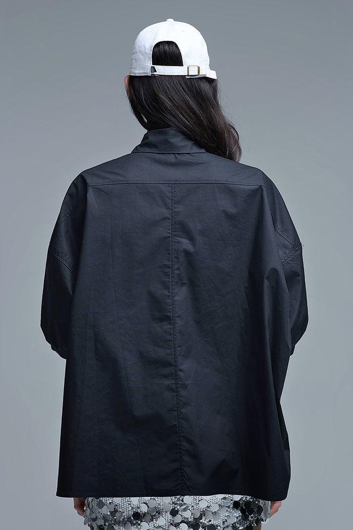 Relaxed 3/4 Sleeve Poplin Shirt With Button Detail in Black - Shirts