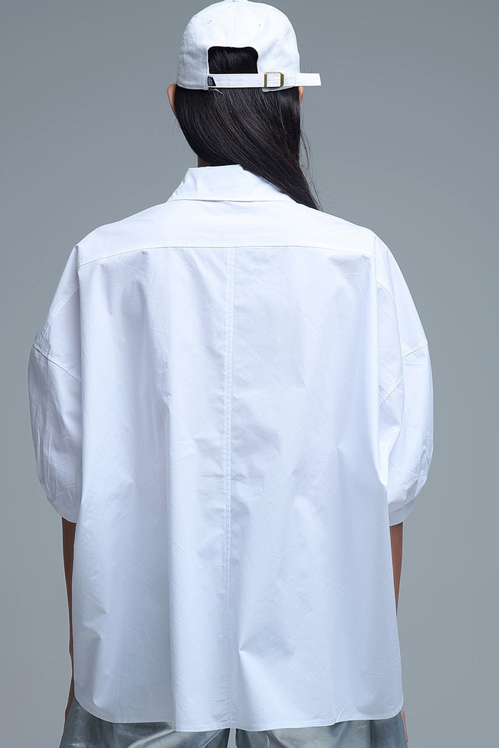 Relaxed 3/4 Sleeve Poplin Shirt With Button Detail in White - Shirts