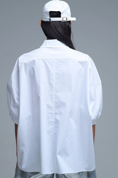 Relaxed 3/4 Sleeve Poplin Shirt With Button Detail in White - Shirts