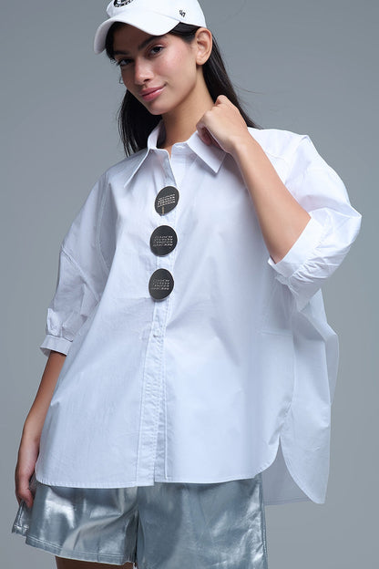Relaxed 3/4 Sleeve Poplin Shirt With Button Detail in White - Shirts