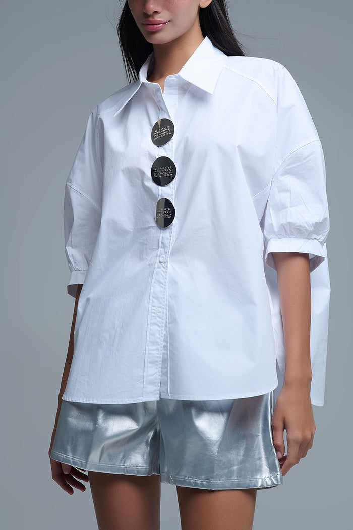 Relaxed 3/4 Sleeve Poplin Shirt With Button Detail in White - Shirts