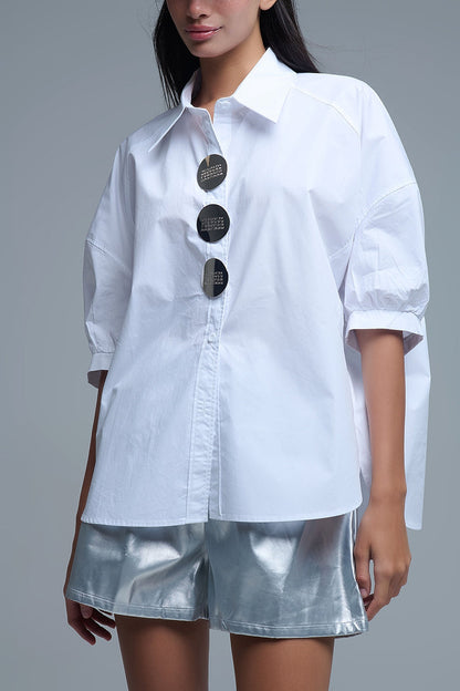 Relaxed 3/4 Sleeve Poplin Shirt With Button Detail in White - Shirts