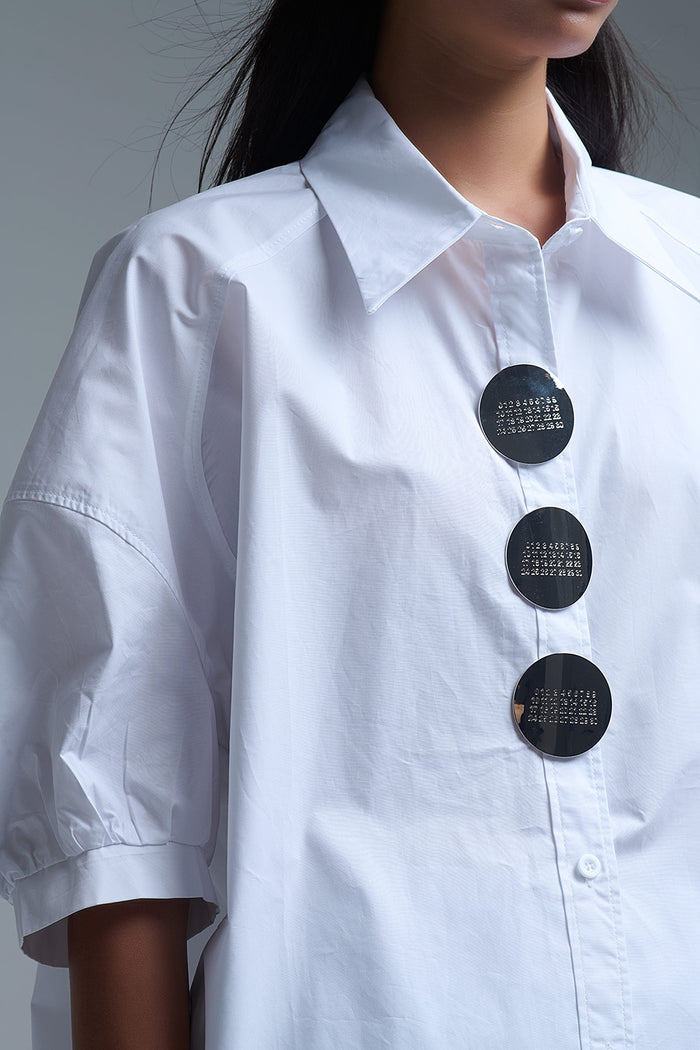Relaxed 3/4 Sleeve Poplin Shirt With Button Detail in White - Shirts