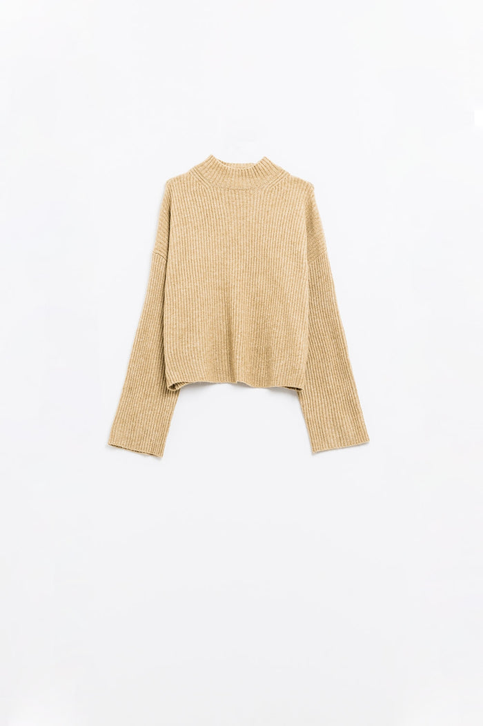 relaxed beige ribbed high neck sweater