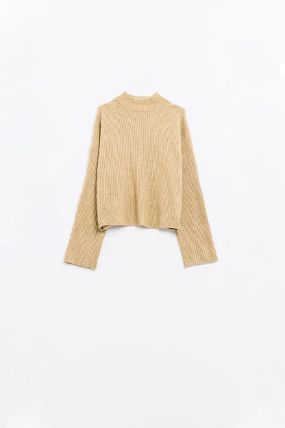 relaxed beige ribbed high neck sweater