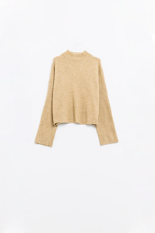 relaxed beige ribbed high neck sweater
