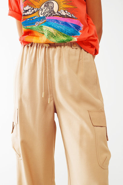 Relaxed Cargo Pants With Drawstring in Beige - trousers