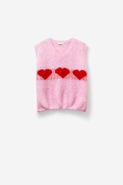 Relaxed-Fit Fluffy pink Knit Vest with Heart Motif
