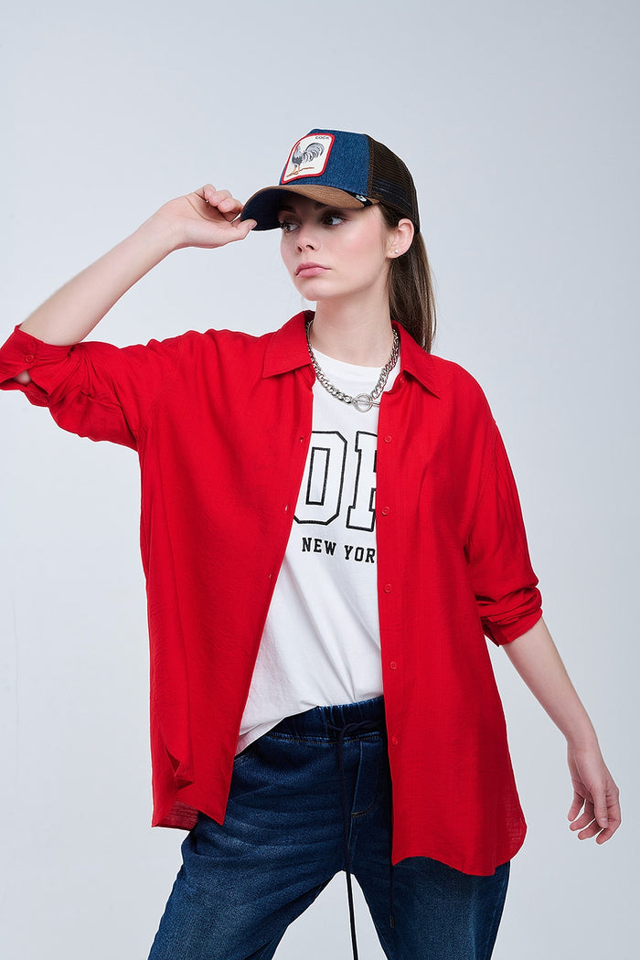 relaxed fit Red Shirt 3/4 Sleeves and High Low Hem - Shirts