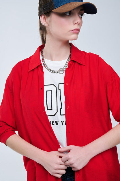 relaxed fit Red Shirt 3/4 Sleeves and High Low Hem - Shirts
