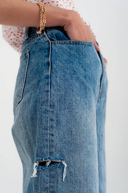 Relaxed fit side rip jeans in mid blue - Denim