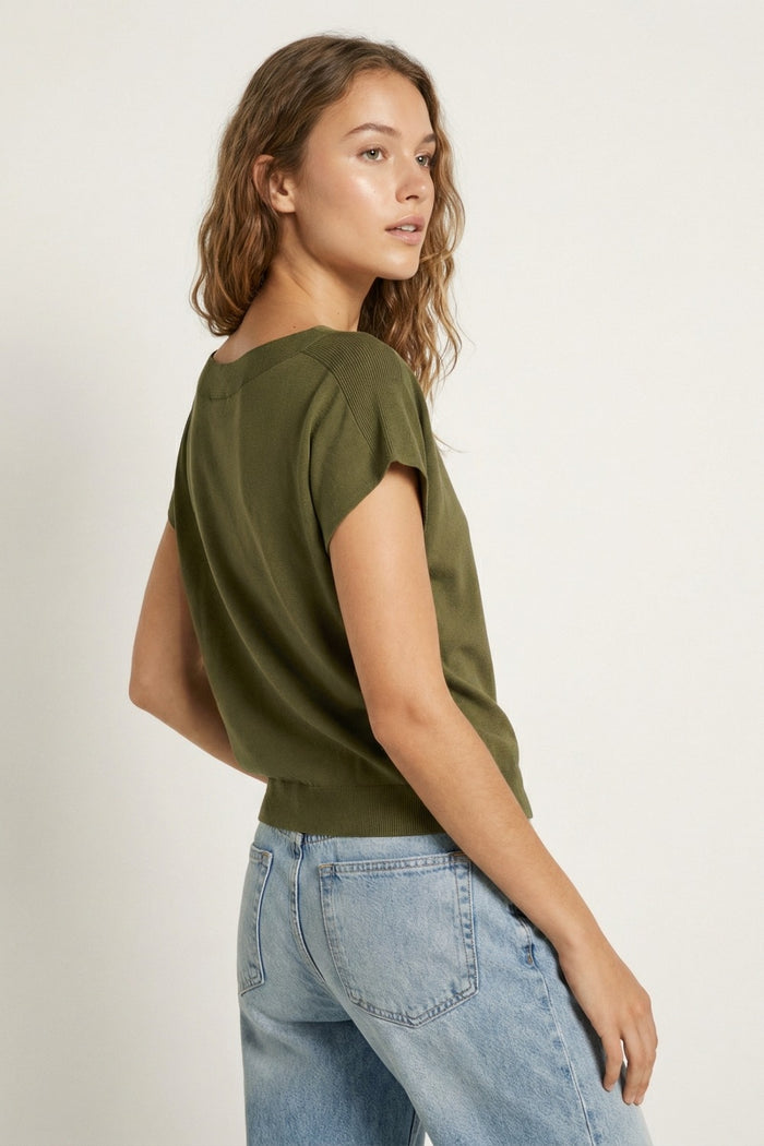 Relaxed khaki boatneck sweater with dropped sleeves