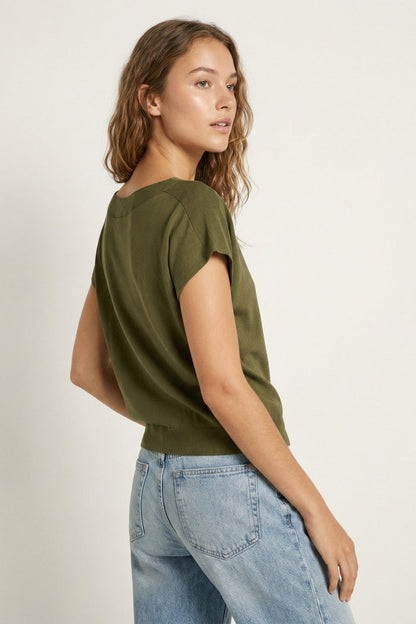 Relaxed khaki boatneck sweater with dropped sleeves