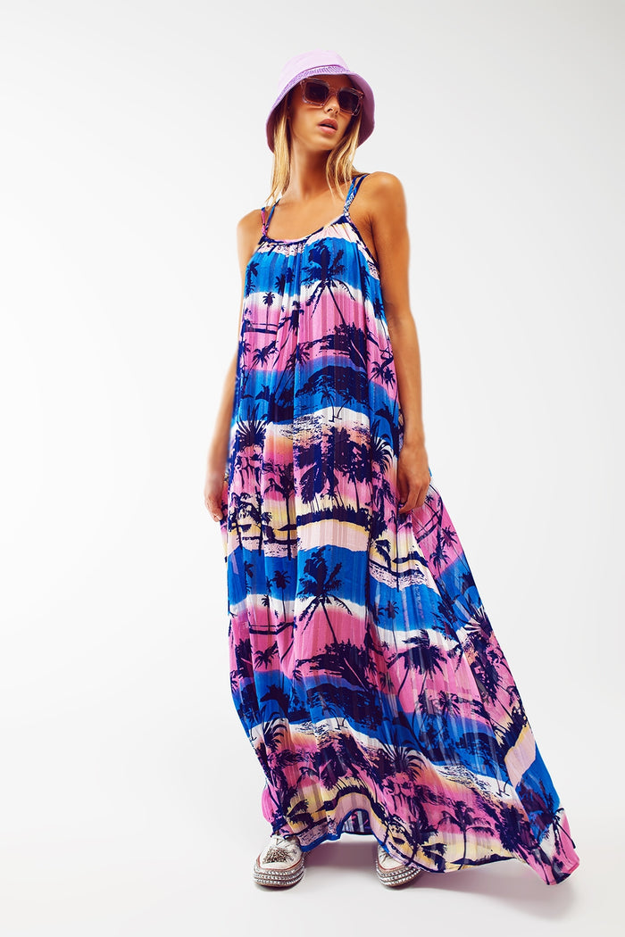 Relaxed Open Back Maxi Dress In Tropical Blue Print - dress