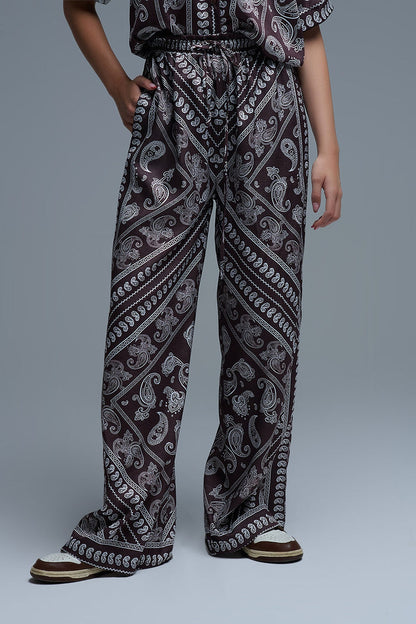 Relaxed Paisley Print Pants With Adjustable Drawstring in Brown - trousers