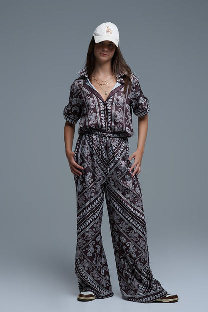 Relaxed Paisley Print Pants With Adjustable Drawstring in Brown - trousers