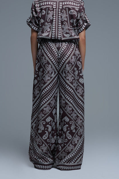 Relaxed Paisley Print Pants With Adjustable Drawstring in Brown - trousers