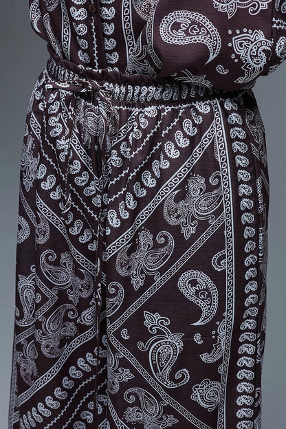 Relaxed Paisley Print Pants With Adjustable Drawstring in Brown - trousers