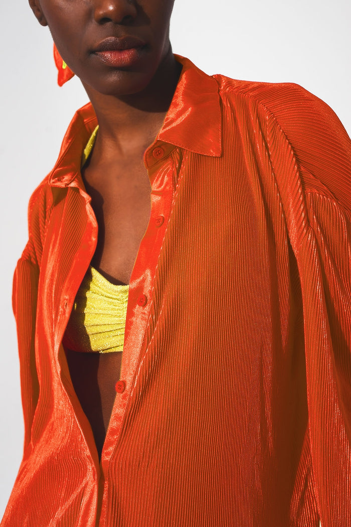 Relaxed pleated satin shirt in orange - Shirts